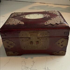 Shanghai Chinese Rosewood Jade Medallion Engraved Brass Green Satin Jewelry Box